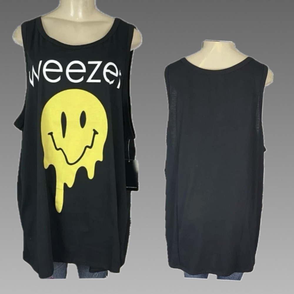 Weezer 4X Black Band Logo Tank Top Melting Smiley Face Graphic Crew Neckline